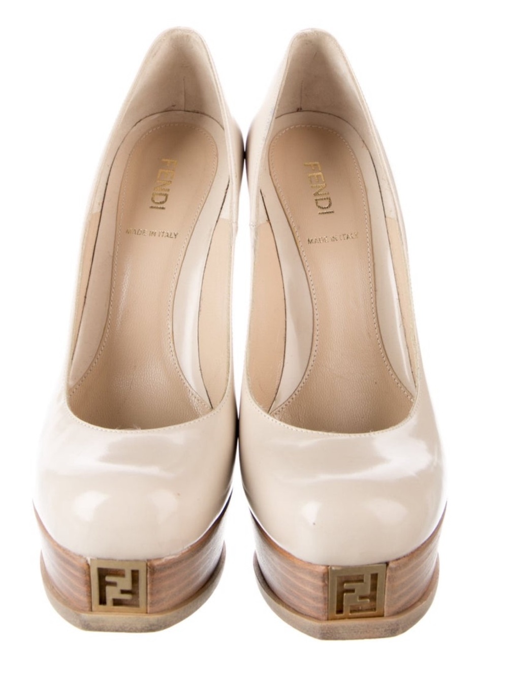 Fendi Cream Patent Leather Platform Pumps with Wood Accents